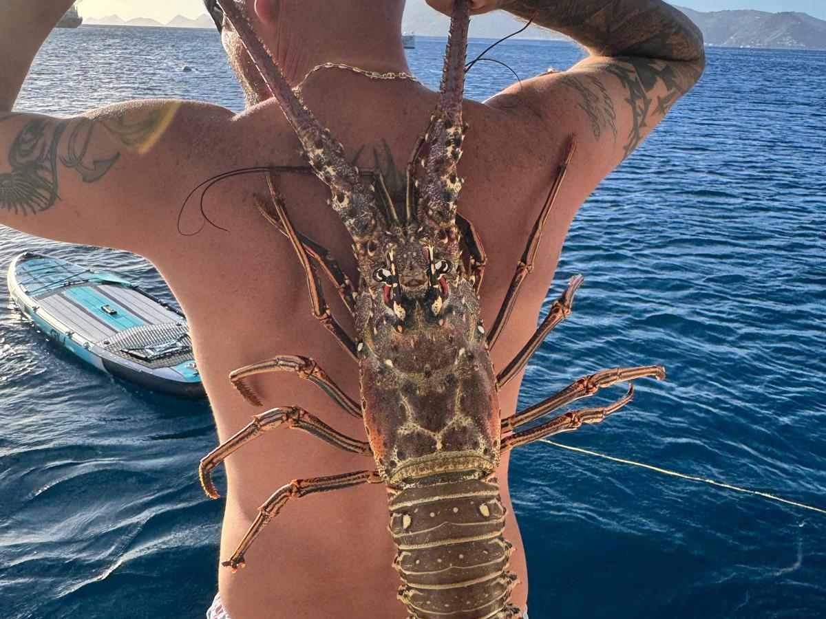 Person holding a large lobster on a boat with ocean background.
