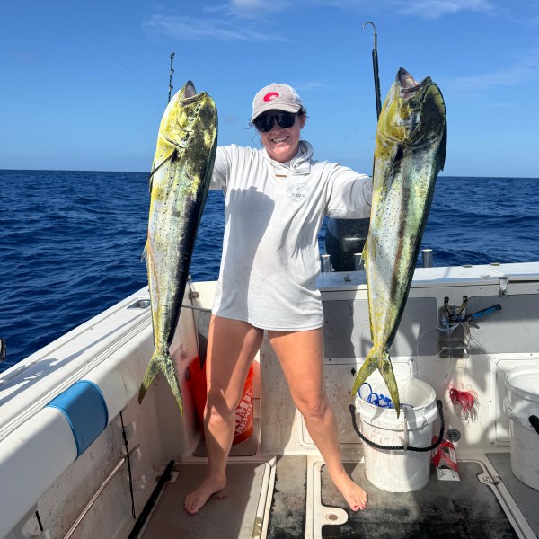 Person on boat holding two large fish, ocean in background.
