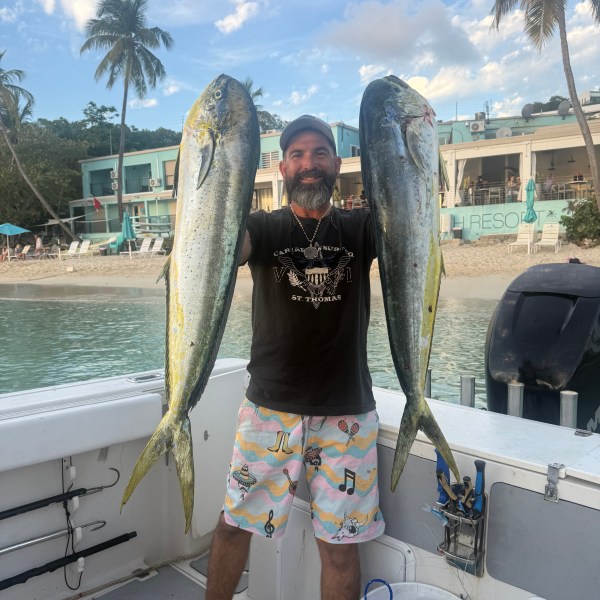 Person holding two large fish on a boat near a beach resort.